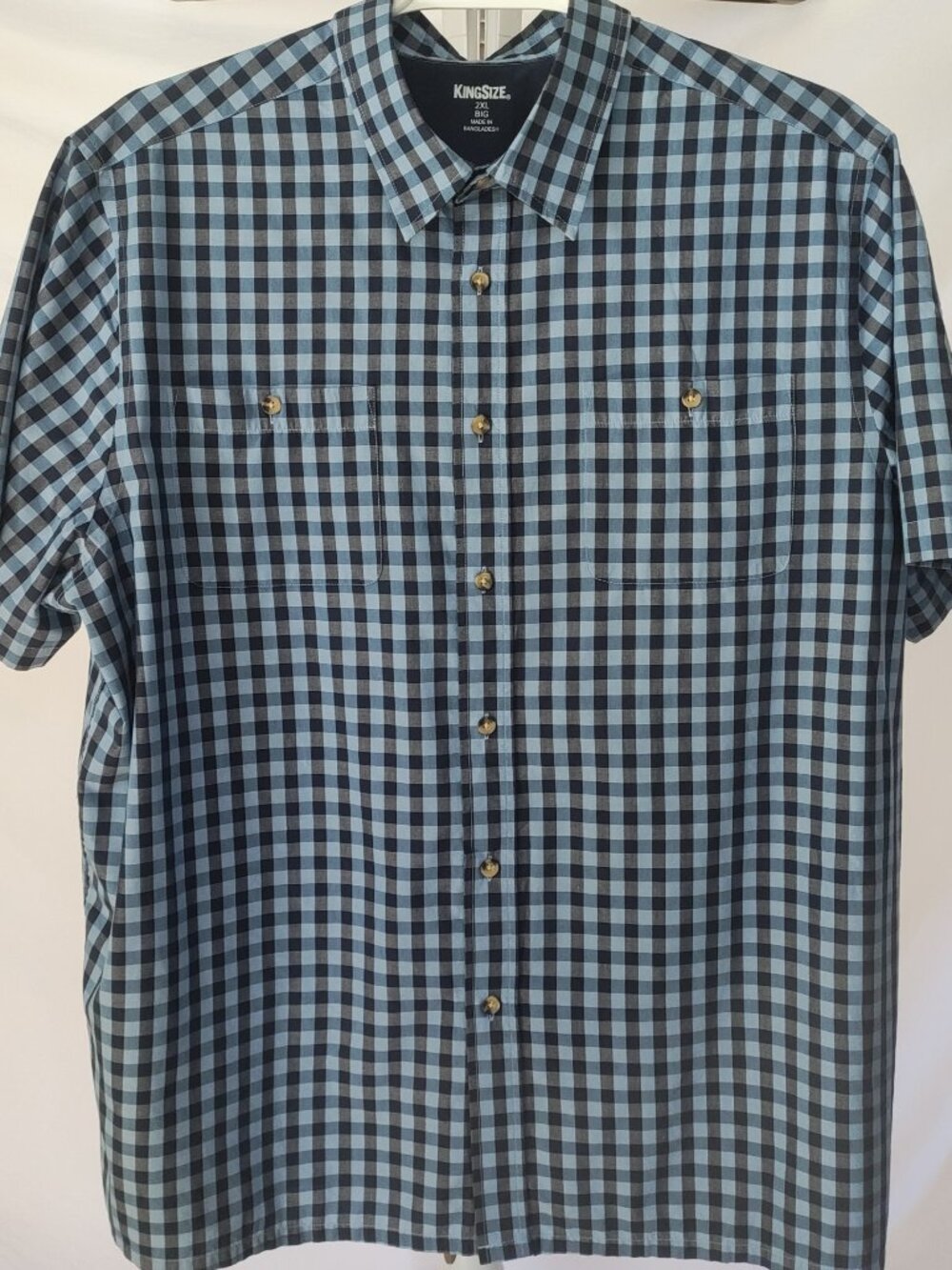 King Size Men's Blue Checkered Short Sleeve Button Down Shirt
